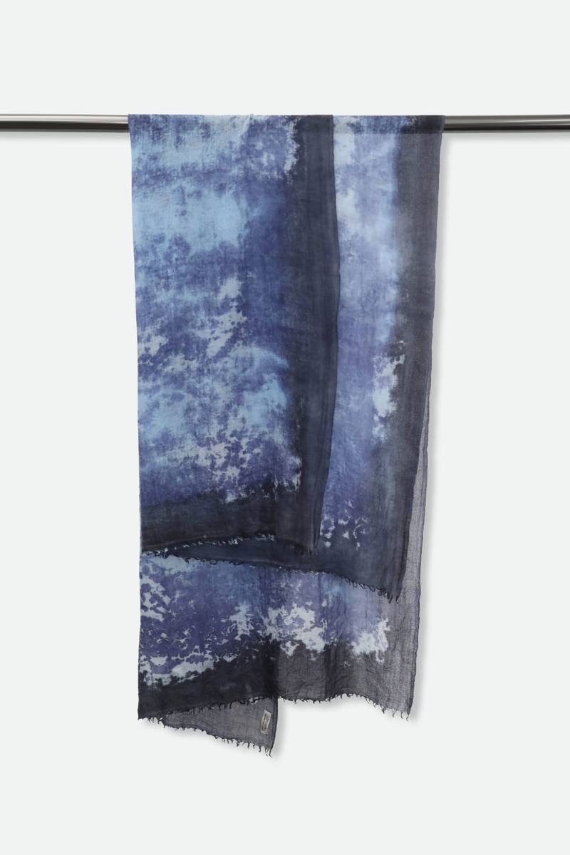 BORDERED DENIM SCARF IN HAND DYED CASHMERE