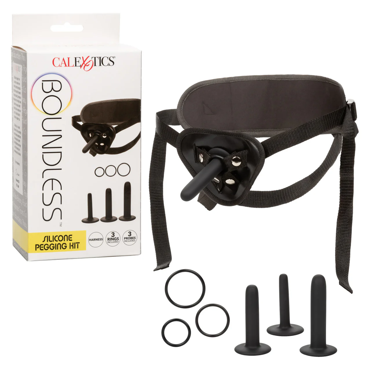 Boundless SILICONE PEGGING KIT includes Strap-On-Harness + 3 Probe Dildos + 3 Rings