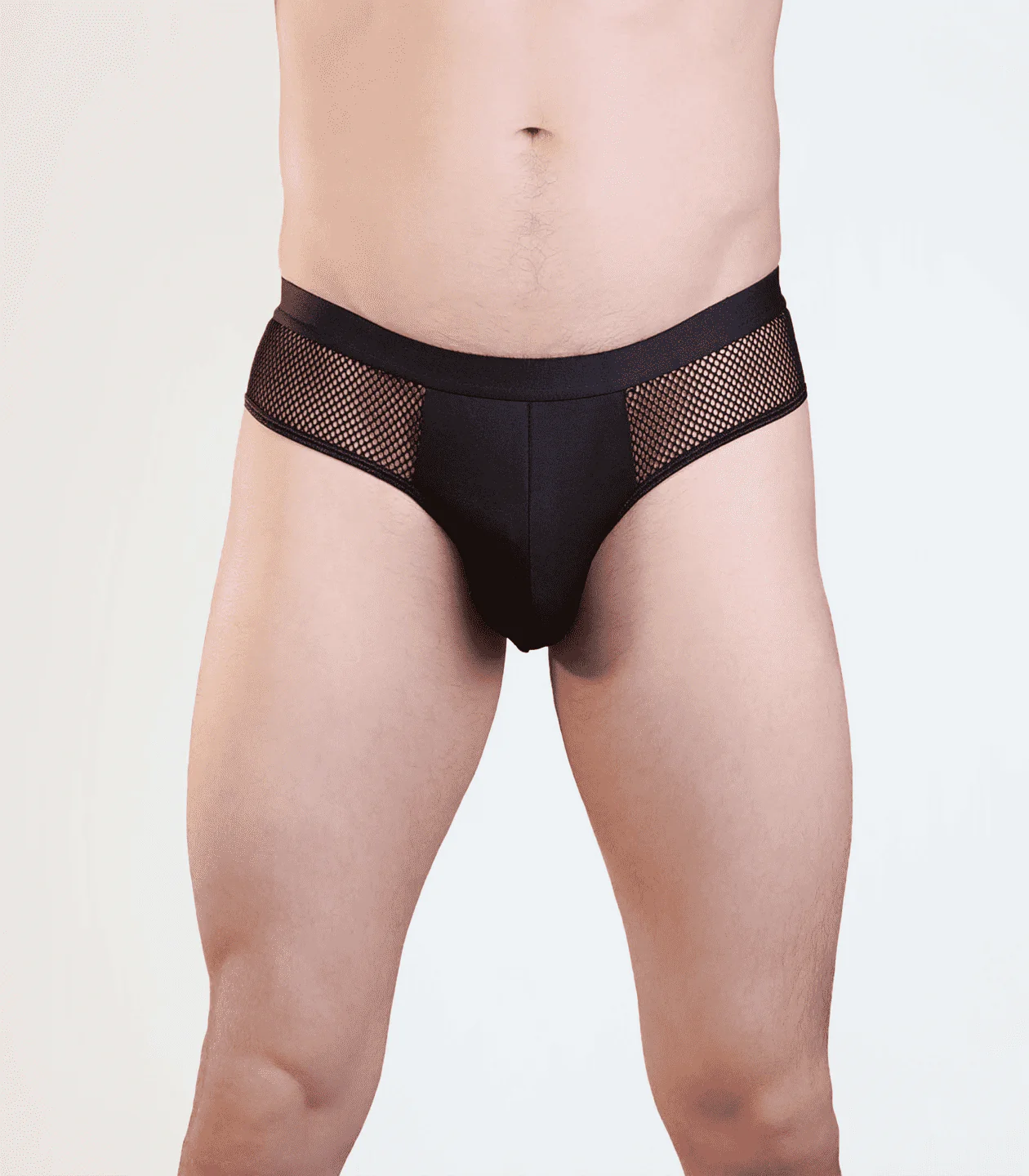 Mens jock-strap underwear with mesh side panels and solid pouch